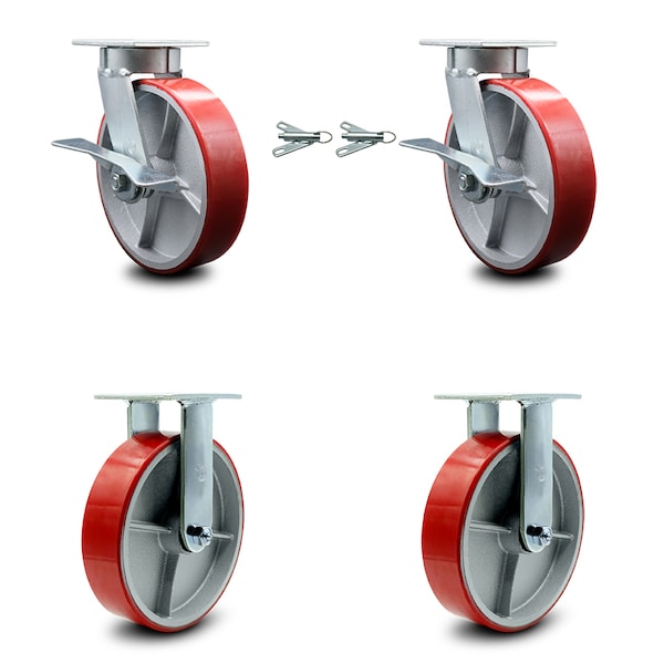 Service Caster 8 Inch Kingpinless Red Poly on Steel Wheel Caster Swivel Locks 2 Rigid, 2PK SCC-KP30S820-PUR-RS-BSL-2-R-2 - main